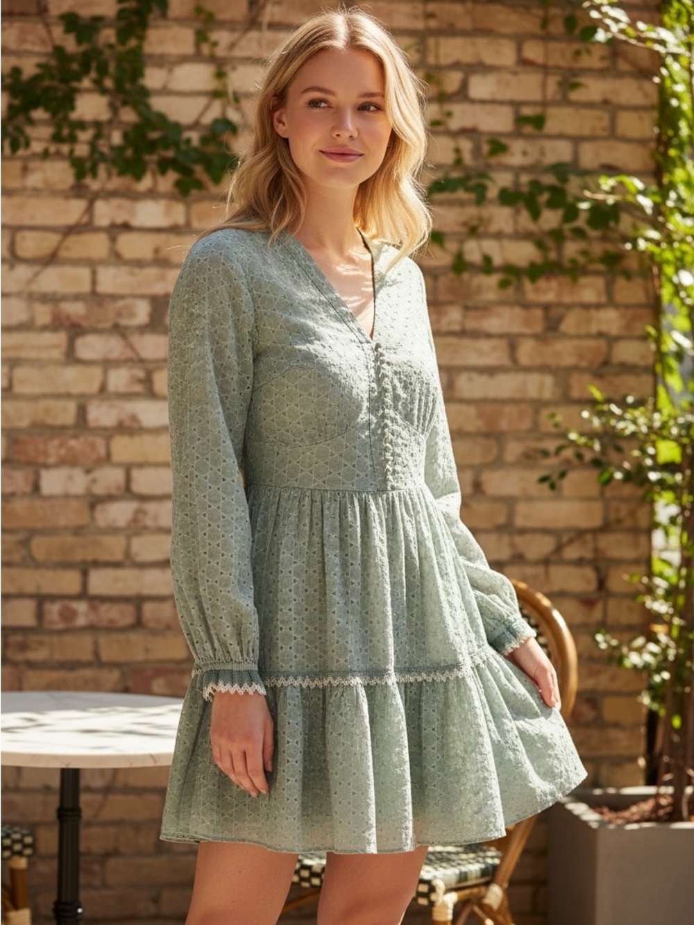 Alexis Sage Eyelet Lace V‑Neck Long Sleeve Mini Dress